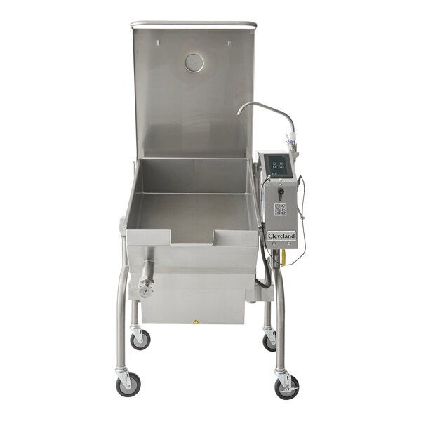 A large stainless steel electric tilt skillet with an open base, easyTouch controls, and a spout, designed for commercial kitchen use.