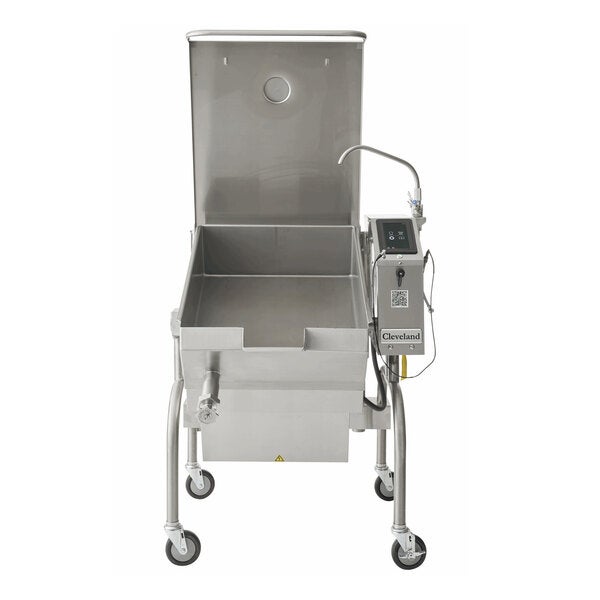 A large stainless steel electric tilt skillet with an open base and a 60-gallon capacity, designed for commercial kitchen use.