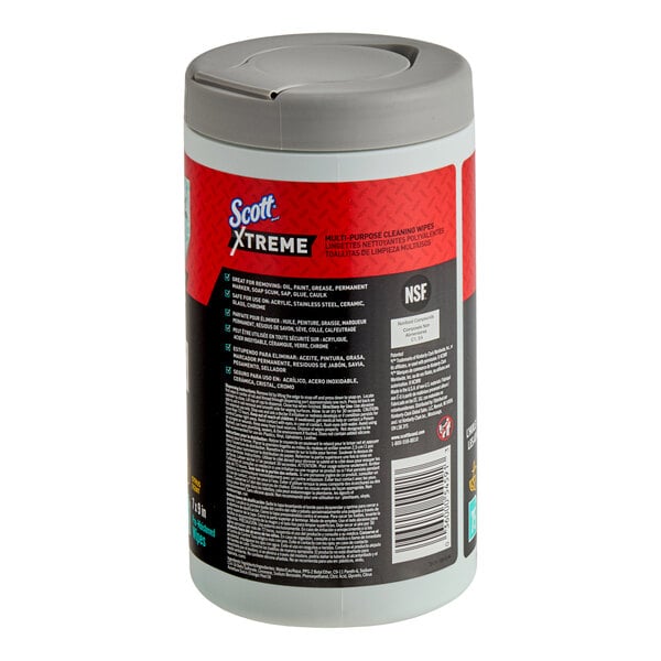A cylindrical container with a gray lid and a red and black label displaying product information and branding for multi-purpose cleaning wipes.