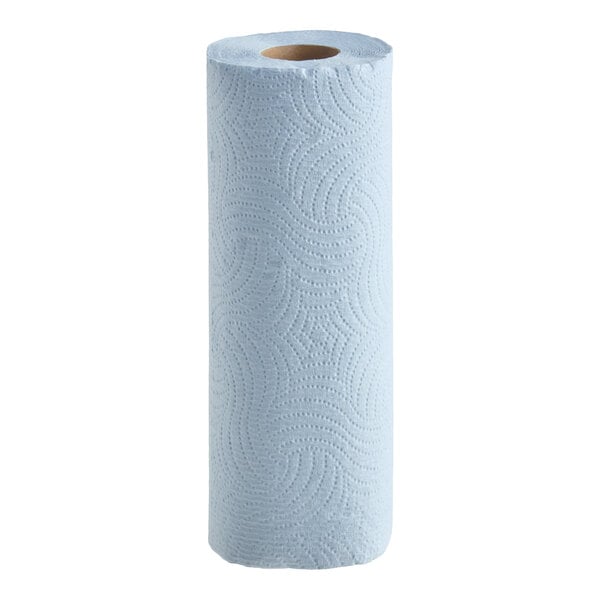 A single roll of blue paper towels with a textured swirl pattern.