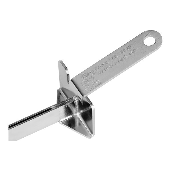A metal cleaning tool with a handle and a square pusher attachment, designed for use with the Saber King system.