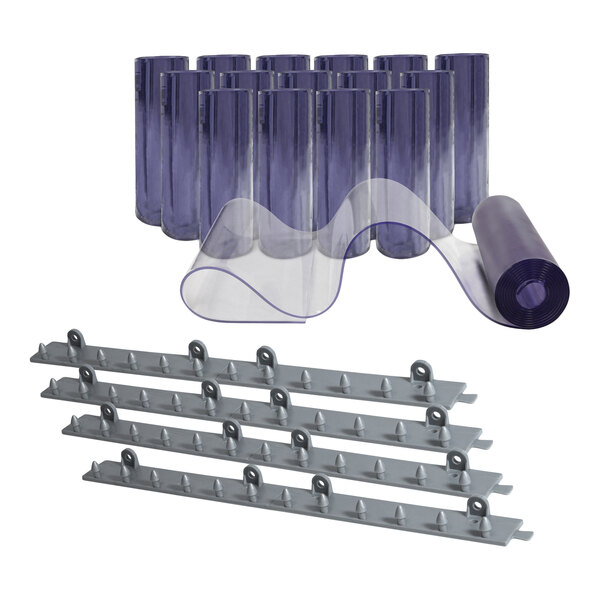 An Aleco Smooth Strip 8' x 8' low-temperature door kit with hardware, including multiple rolls of clear strip material and mounting brackets.