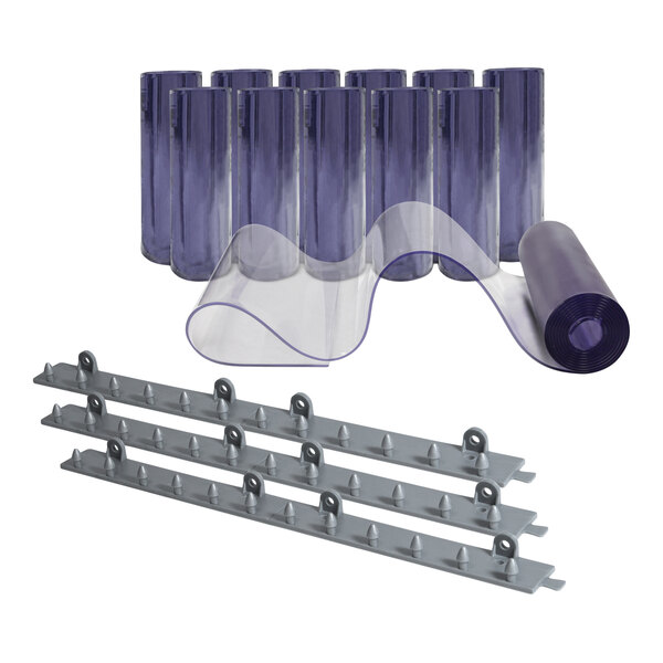 A low-temperature door kit with multiple rolls of clear plastic strips and metal mounting hardware.