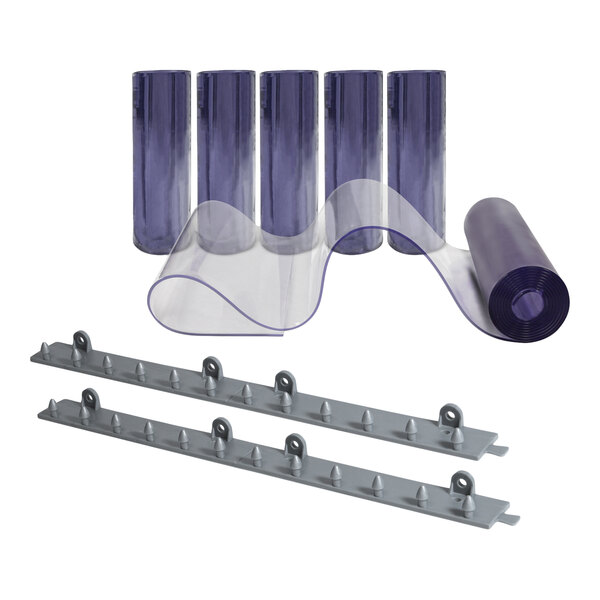 A clear plastic strip door kit with hardware, including several rolled strips and two mounting brackets.
