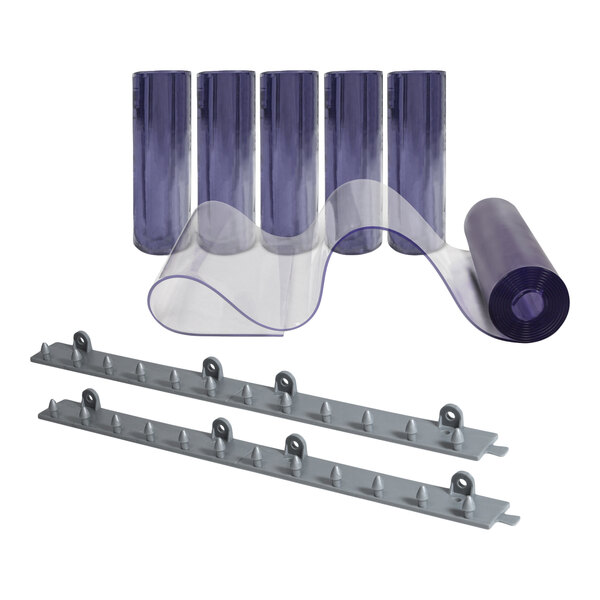 A low-temperature door kit with hardware, including several rolls of clear plastic strips and two metal mounting brackets.