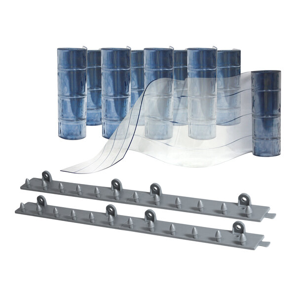 A low-temperature reinforced strip door kit with clear plastic strips, mounting hardware, and screws.