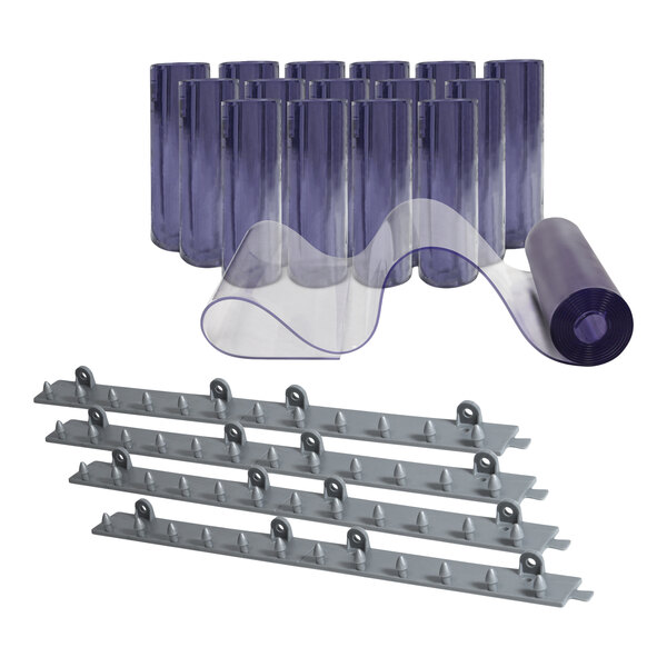 An Aleco Smooth Strip 8' x 8' door kit with multiple clear vinyl strip rolls and mounting hardware.