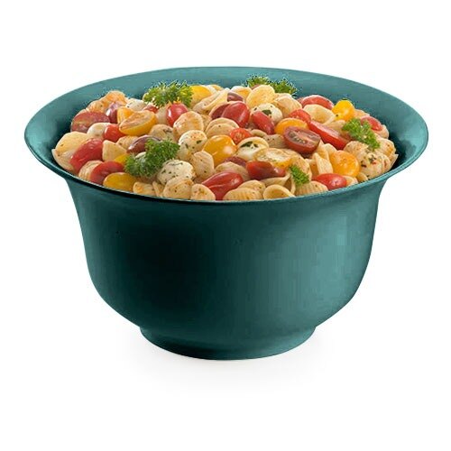 A Tablecraft hunter green cast aluminum tulip bowl filled with pasta, tomatoes, and parsley.