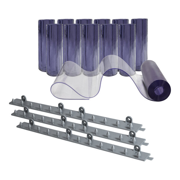 A clear vinyl strip door kit with multiple rolled strips and mounting hardware.