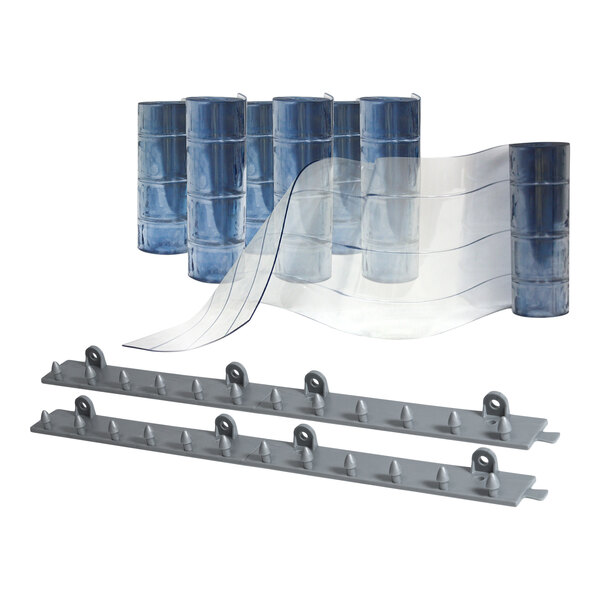 A low-temperature reinforced strip door kit with clear plastic strips, mounting hardware, and screws.