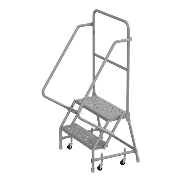 A two-step steel mobile safety ladder with handrails, perforated tread, and casters.