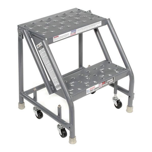 A two-step steel mobile step ladder with perforated treads, 16-inch wide steps, a 10-inch deep top step, and caster wheels.
