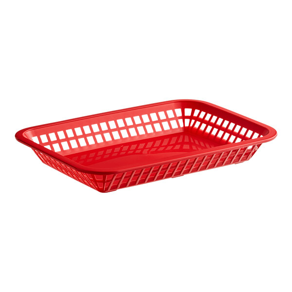 A red rectangular plastic fast food basket with a grid design on the sides.