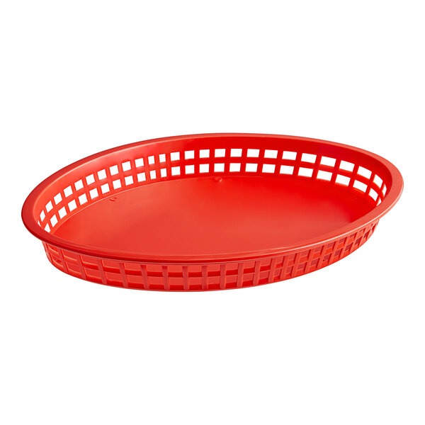 A red oval plastic food basket with a lattice design around the sides.