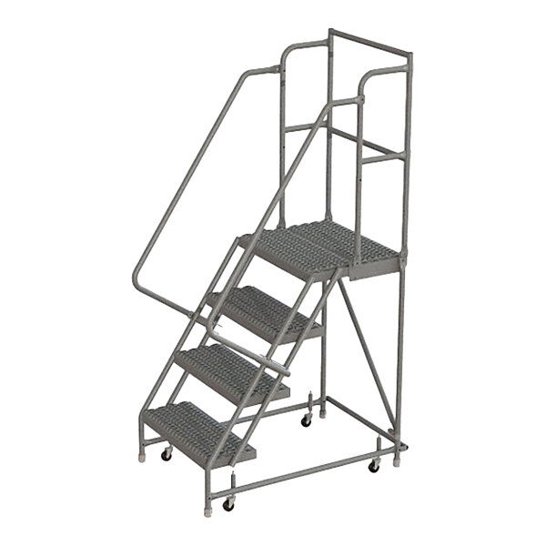 A four-step steel mobile safety ladder with handrails, serrated tread, 16-inch wide steps, a 20-inch deep top step, and caster wheels.