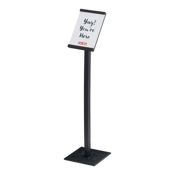 A black free-standing sign holder with an angled display for 8 1/2" x 11" signs.