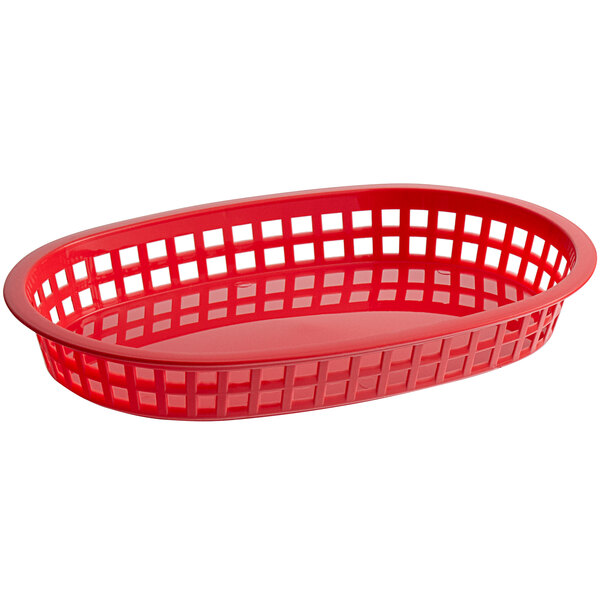A red oval plastic platter basket with a grid design.