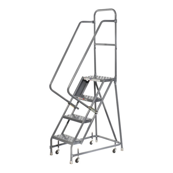 A four-step steel mobile safety ladder with handrails, perforated tread, and casters for mobility.