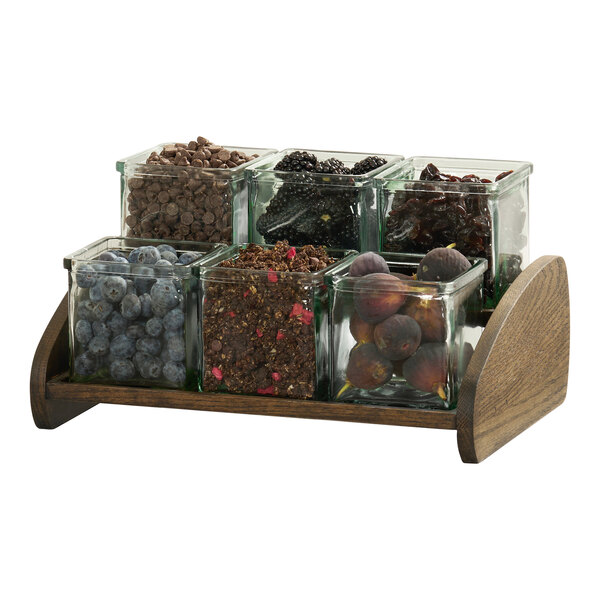 Cal-Mil Melrose 13 1/2" x 9 1/2" x 7 1/2" 2-Tier Oak Wood Jar Display with 6 Square Glass Jars