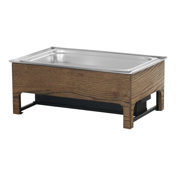 A rectangular Cal-Mil Melrose chafer with a wood-look base and a stainless steel food pan.