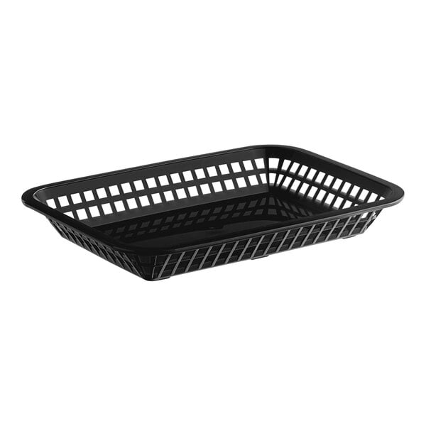 A black rectangular plastic fast food basket with a grid design.