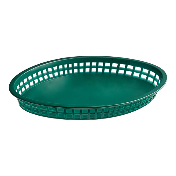 An oval forest green plastic food basket with a lattice-style rim.