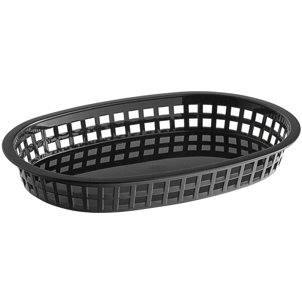 A black oval plastic platter basket with a grid pattern on the sides.