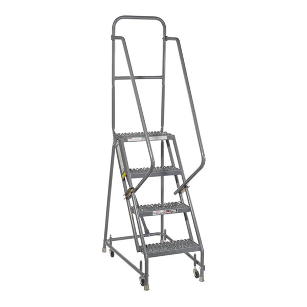 A four-step steel mobile safety ladder with handrails, serrated tread, and wheels.