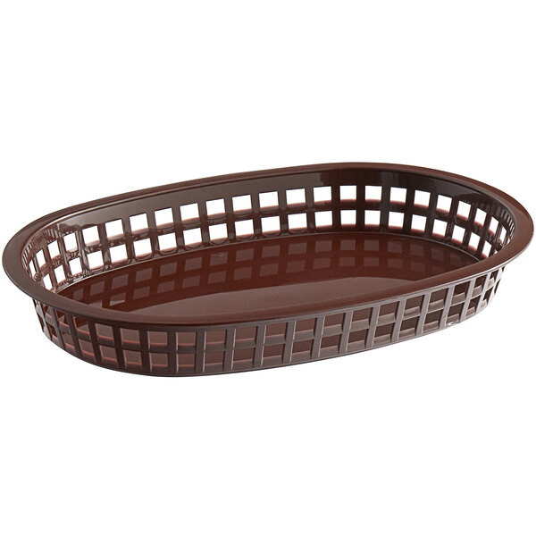 A brown oval plastic platter basket with a grid design.