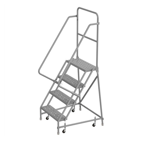 A four-step steel mobile safety ladder with handrails, perforated treads, and caster wheels.