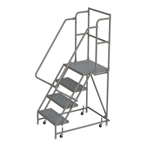 A four-step steel mobile safety ladder with handrails, perforated treads, wide steps, a deep top step, and caster wheels.