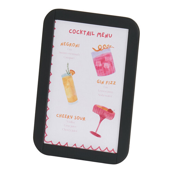 A black metal sign holder displaying a cocktail menu.