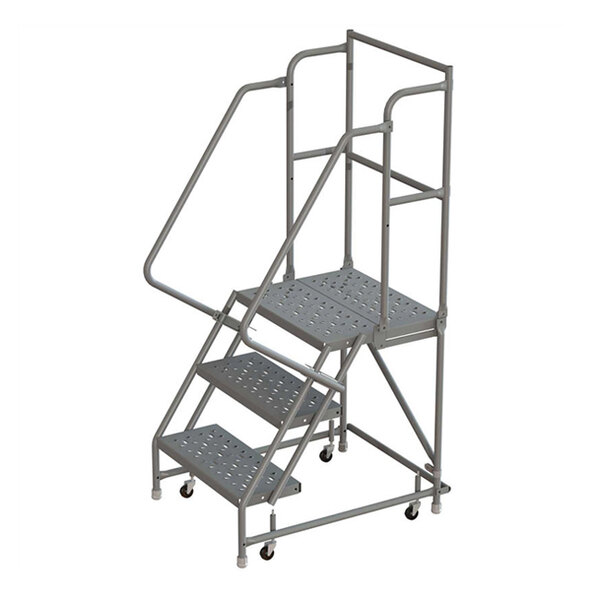A three-step steel mobile safety ladder with handrails, perforated treads, and a deep top step.