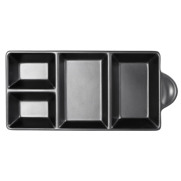 A black rectangular Elite Global Solutions tray with four compartments.