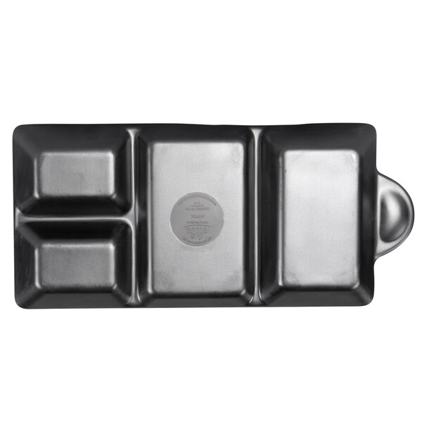 A black rectangular Elite Global Solutions melamine tray with four compartments.