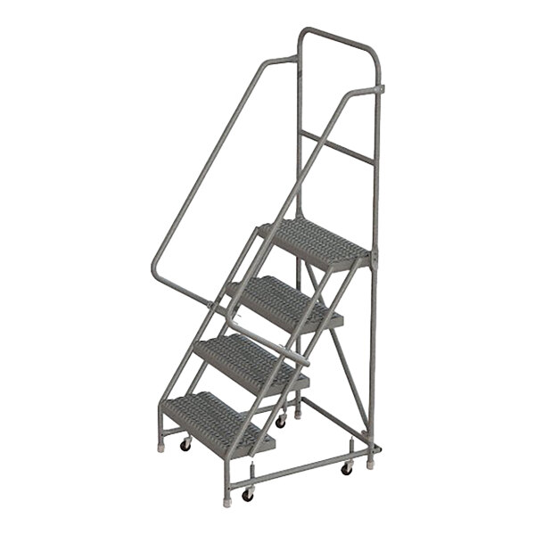 A four-step steel mobile safety ladder with handrails, serrated tread, 24-inch wide steps, and a 10-inch deep top step.