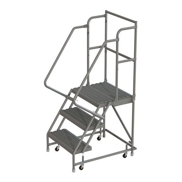A three-step steel mobile safety ladder with handrails, serrated tread, and casters for mobility.