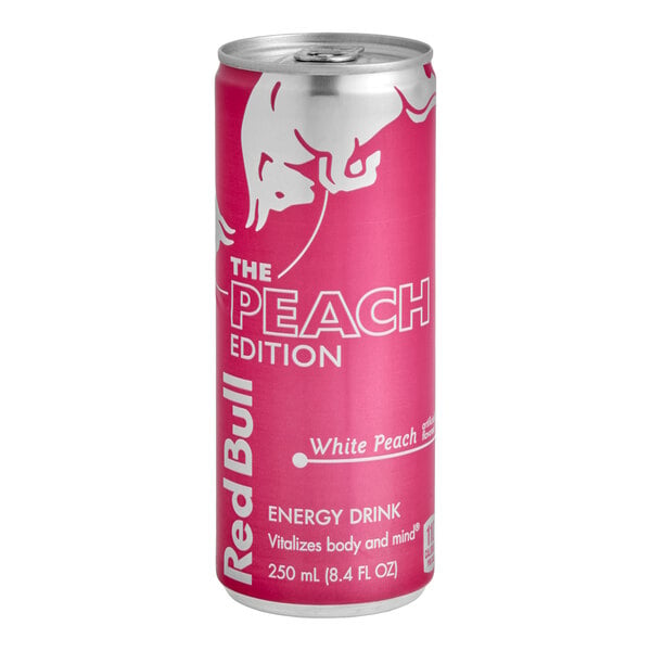 A can of Red Bull White Peach Edition energy drink, 8.4 fl. oz. size.