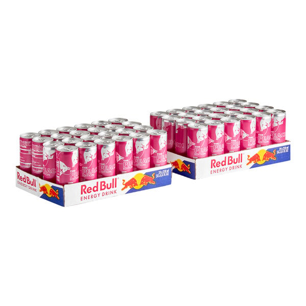 A case of 48 Red Bull White Peach Energy Drink 8.4 fl. oz. cans.
