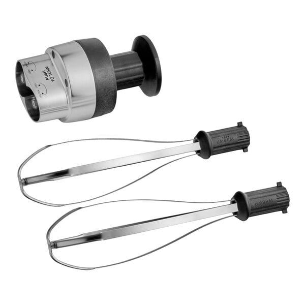 A set of two metal whisks with black handles and a metal attachment for use with Waring Big Stik EvolutionX and Big Stik 2-Speed mixers.