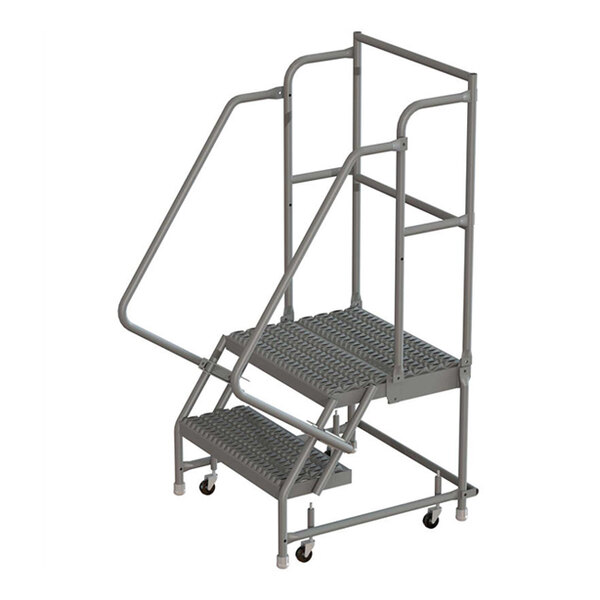 A two-step steel mobile safety ladder with handrails, serrated tread, wide steps, and a deep top step.