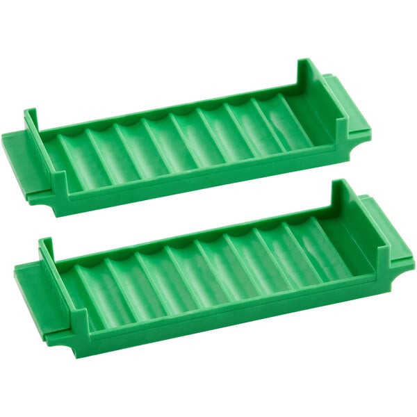 A set of two green plastic coin trays designed for holding and organizing dimes.