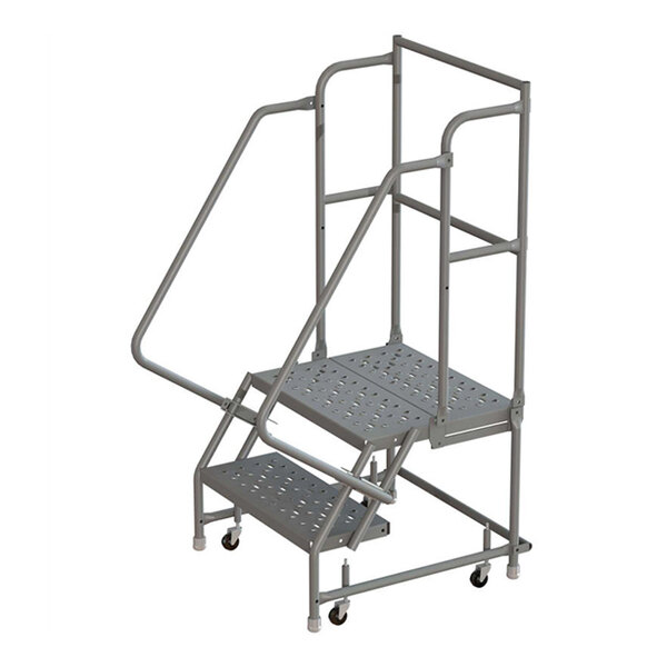 A two-step steel mobile safety ladder with handrails, perforated tread, 16-inch wide steps, and a 20-inch deep top step.