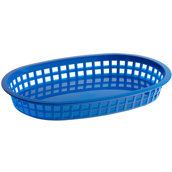 A royal blue oval plastic platter basket with a grid design.
