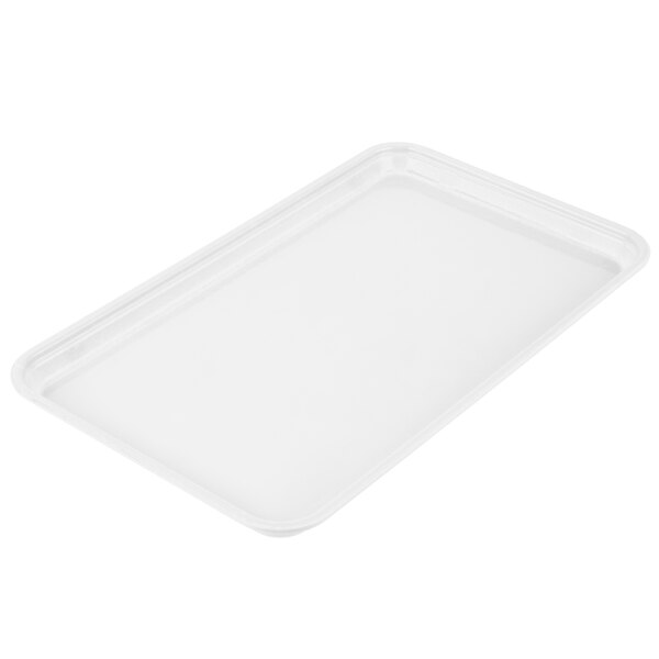 A white tray with a black and white border.