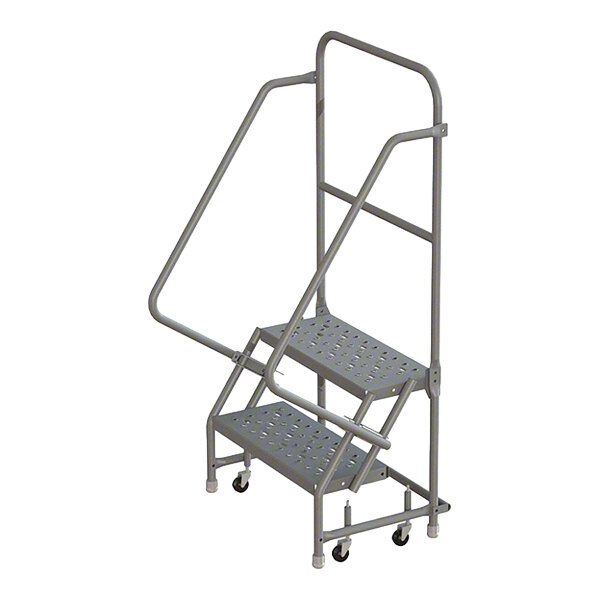 A two-step steel mobile safety ladder with handrails, perforated treads, and caster wheels.