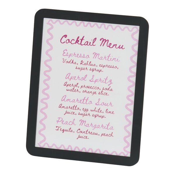 A black metal sign holder displaying a cocktail menu.