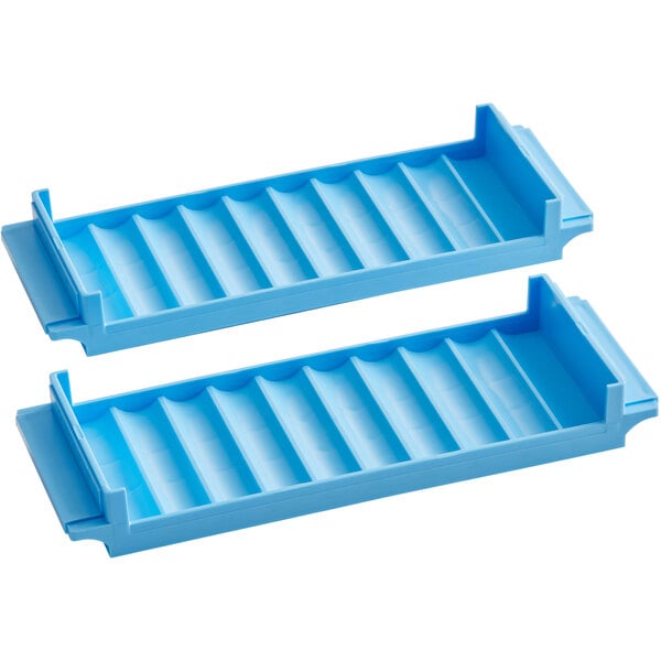 A pair of blue plastic coin trays designed for organizing nickels.