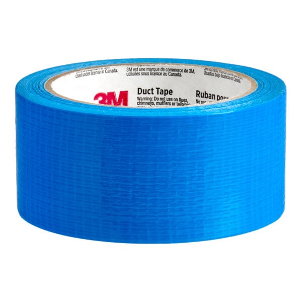 A roll of blue duct tape with a textured surface and visible inner label.