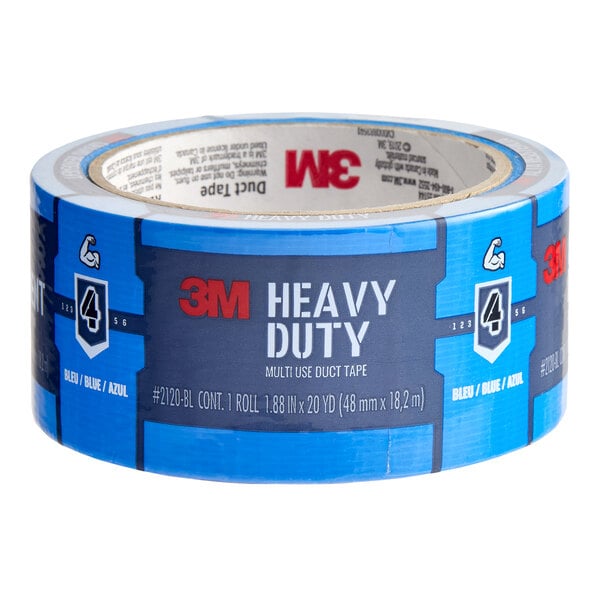 A roll of blue heavy-duty duct tape with 3M branding and product information printed on the label.